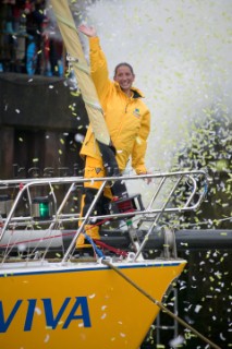 SOUTHAMPTON, UK. MAY 21: Solo round the world yachtswoman Dee Caffari (33) on her 72ft yacht Aviva Challenge arrives in Southampton to complete her circumnavigation of the globe in 178 days, 3 hours, 6 minutes and 15 seconds. She is the first woman to sail solo around the world against the wind and tide.