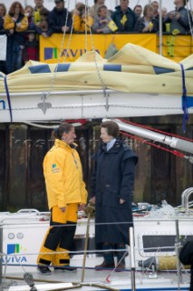 SOUTHAMPTON, UK. MAY 21: Solo round the world yachtswoman Dee Caffari (33) is greeted by Princess Ann on her 72ft yacht Aviva Challenge arrives in Southampton to complete her circumnavigation of the globe in 178 days, 3 hours, 6 minutes and 15 seconds. She is the first woman to sail solo around the world against the wind and tide.