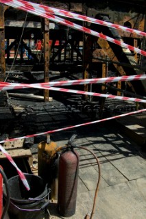 GREENWICH, ENGLAND - MAY 23rd:  First pictures of the fire damage below deck onboard the Cutty Sark, the worlds last remaining Tea Clipper ship, after it was destroyed by fire on May 21st 2007. Police forensic teams continue to investigate the cause. The Cutty Sark Restoration Trust will raise money to rebuild the ship.