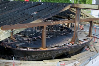 GREENWICH, ENGLAND - MAY 23rd:  First pictures of the fire damage below deck onboard the Cutty Sark, the worlds last remaining Tea Clipper ship, after it was destroyed by fire on May 21st 2007. Police forensic teams continue to investigate the cause. The Cutty Sark Restoration Trust will raise money to rebuild the ship.