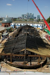 GREENWICH, ENGLAND - MAY 23rd:  First pictures of the fire damage below deck onboard the Cutty Sark, the worlds last remaining Tea Clipper ship, after it was destroyed by fire on May 21st 2007. Police forensic teams continue to investigate the cause. The Cutty Sark Restoration Trust will raise money to rebuild the ship.