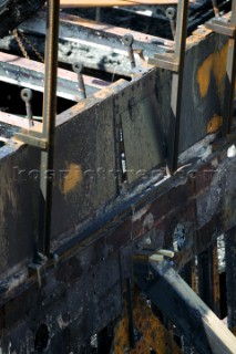 GREENWICH, ENGLAND - MAY 23rd:  First pictures of the fire damage below deck onboard the Cutty Sark, the worlds last remaining Tea Clipper ship, after it was destroyed by fire on May 21st 2007. Police forensic teams continue to investigate the cause. The Cutty Sark Restoration Trust will raise money to rebuild the ship.