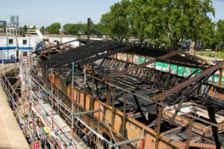 GREENWICH, ENGLAND - MAY 23rd:  First pictures of the fire damage below deck onboard the Cutty Sark, the worlds last remaining Tea Clipper ship, after it was destroyed by fire on May 21st 2007. Police forensic teams continue to investigate the cause. The Cutty Sark Restoration Trust will raise money to rebuild the ship.