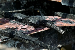 GREENWICH, ENGLAND - MAY 23rd:  First pictures of the fire damage below deck onboard the Cutty Sark, the worlds last remaining Tea Clipper ship, after it was destroyed by fire on May 21st 2007. Police forensic teams continue to investigate the cause. The Cutty Sark Restoration Trust will raise money to rebuild the ship.