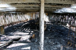 GREENWICH, ENGLAND - MAY 23rd:  First pictures of the fire damage below deck onboard the Cutty Sark, the worlds last remaining Tea Clipper ship, after it was destroyed by fire on May 21st 2007. Police forensic teams continue to investigate the cause. The Cutty Sark Restoration Trust will raise money to rebuild the ship.