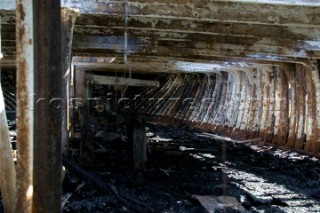 GREENWICH, ENGLAND - MAY 23rd:  First pictures of the fire damage below deck onboard the Cutty Sark, the worlds last remaining Tea Clipper ship, after it was destroyed by fire on May 21st 2007. Police forensic teams continue to investigate the cause. The Cutty Sark Restoration Trust will raise money to rebuild the ship.