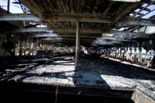 GREENWICH, ENGLAND - MAY 23rd:  First pictures of the fire damage below deck onboard the Cutty Sark, the worlds last remaining Tea Clipper ship, after it was destroyed by fire on May 21st 2007. Police forensic teams continue to investigate the cause. The Cutty Sark Restoration Trust will raise money to rebuild the ship.