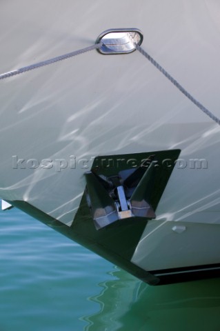 Superyacht bow with anchor and mooring lines