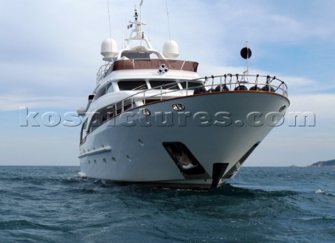 Benetti superyacht anchored in windy conditions in the Mediterranean