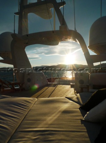 Superyacht in the Mediterranean Navigation mast with Furnuo radar and communication aerials and satc