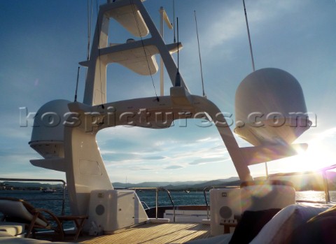 Superyacht in the Mediterranean Navigation mast with Furnuo radar and communication aerials and satc