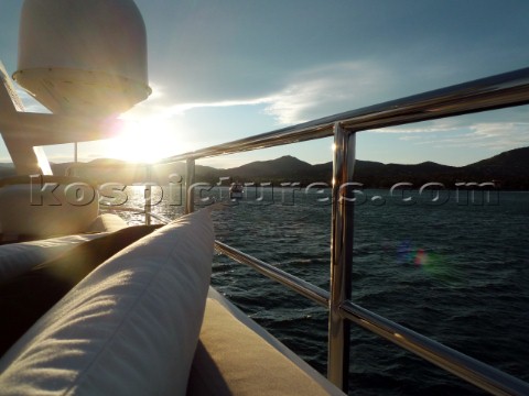 Superyacht in the Mediterranean Navigation mast with Furnuo radar and communication aerials and satc