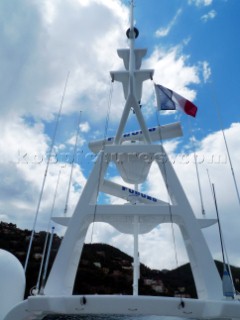 Superyacht in the Mediterranean. Navigation mast with Furnuo radar and communication aerials