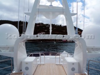 Superyacht in the Mediterranean. Navigation mast with Furnuo radar and communication aerials