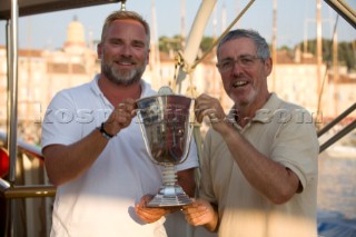 Voiles de Saint-Tropez 2011 - The Blue Bird Cup speed under sail challenge between Tara Getty (Skylark) and Griff Rhys Jones (Argyle). Argyle wins.