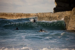 Body Boarding in the surf on the beach in St Ives in Cornwall, UK.