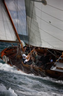 British Actor and Comedian Griff Rhys Jones helming his 57ft S&S yawl Argyll during the Panerai Classic Yacht Regatta in The Solent July 2015