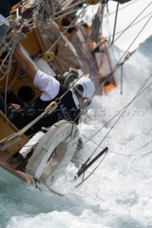 British Actor and Comedian Griff Rhys Jones helming his 57ft S&S yawl Argyll during the Panerai Classic Yacht Regatta in The Solent July 2015