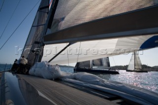 SAINT-TROPEZ, FRANCE - October 5th: The crew onboard the Wally maxi yacht Dangerous But Fun of Monaco owned by Michelle Perris hoist the jib during racing on October 5th 2006. The largest classic and modern yachts from around the world gather in Saint-Tropez annually for a week of racing and festivities to mark the end of the Mediterranean season, before heading across the Atlantic to winter in the Caribbean.