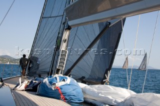 SAINT-TROPEZ, FRANCE - October 5th: The bowman onboard the Wally maxi yacht Dangerous But Fun of Monaco owned by Michelle Perris calls the distance to the startline on October 5th 2006. The largest classic and modern yachts from around the world gather in Saint-Tropez annually for a week of racing and festivities to mark the end of the Mediterranean season, before heading across the Atlantic to winter in the Caribbean.