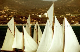 SAINT-TROPEZ, FRANCE -  OCT 5th: The sails of the classic schooners hang lifeless waiting for the breeze during the Voiles de St Tropez races on October 5th 2006. The largest classic and modern yachts from around the world gather in Saint-Tropez annually for a week of racing and festivities to mark the end of the Mediterranean season, before heading across the Atlantic to winter in the Caribbean.