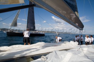 SAINT-TROPEZ, FRANCE - October 5th: The crew onboard the Wally maxi yacht Dangerous But Fun of Monaco owned by Michelle Perris during racing on October 5th 2006. The largest classic and modern yachts from around the world gather in Saint-Tropez annually for a week of racing and festivities to mark the end of the Mediterranean season, before heading across the Atlantic to winter in the Caribbean.