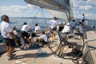 SAINT-TROPEZ, FRANCE - October 5th: The crew onboard the Wally maxi yacht Dangerous But Fun of Monaco owned by Michelle Perris during racing on October 5th 2006. The largest classic and modern yachts from around the world gather in Saint-Tropez annually for a week of racing and festivities to mark the end of the Mediterranean season, before heading across the Atlantic to winter in the Caribbean.