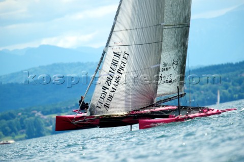 LadyCat skippered by Donnatella Bertarelli D35 catamaran multihulls racing on the Vulcan Trophy on L