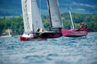 LadyCat skippered by Donnatella Bertarelli. D35 catamaran multihulls racing on the Vulcan Trophy on Lake Geneva