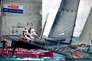 LadyCat skippered by Donnatella Bertarelli. D35 catamaran multihulls racing on the Vulcan Trophy on Lake Geneva