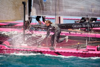 LadyCat skippered by Donnatella Bertarelli. D35 catamaran multihulls racing on the Vulcan Trophy on Lake Geneva