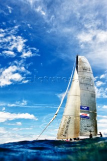 LadyCat skippered by Donnatella Bertarelli. D35 catamaran multihulls racing on the Vulcan Trophy on Lake Geneva