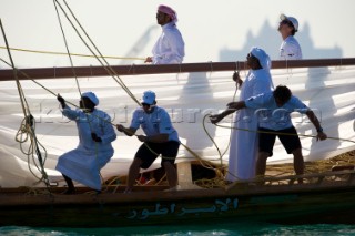 LOUIS VUITTON TROPHY, DUBAI, UNITED ARAB EMIRATES, NOVEMBER 20TH 2010: The crew participating in a traditional dhow race. Louis Vuitton Trophy in Dubai (12 - 27 November 2010).