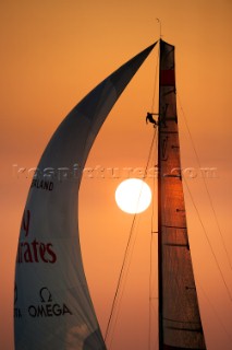 LOUIS VUITTON TROPHY, DUBAI, UNITED ARAB EMIRATES, NOVEMBER 20TH 2010:  Sails of the IACC yachts at sunset.  Louis Vuitton Trophy in Dubai (12 - 27 November 2010).