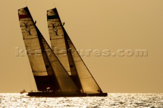 LOUIS VUITTON TROPHY, DUBAI, UNITED ARAB EMIRATES, NOVEMBER 20TH 2010:  Sails of the IACC yachts at sunset. Louis Vuitton Trophy in Dubai (12 - 27 November 2010).