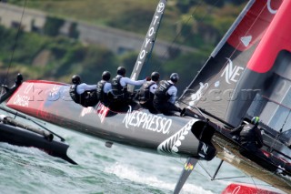 AMERICAS CUP WORLD SERIES, PLYMOUTH, UK, SEPTEMBER 14TH 2011: Emirates Team New Zealand - AC45 - the fleet race of the AC World Series day 4, Plymouth, UK.