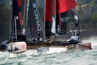 AMERICAS CUP WORLD SERIES, PLYMOUTH, UK, SEPTEMBER 14TH 2011: Emirates Team New Zealand - AC45 - the fleet race of the AC World Series day 4, Plymouth, UK.