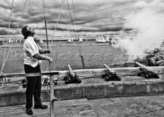 Peter starting races with flags and signals at the Royal Yacht Squadron - Rolex Fastnet Race 2011