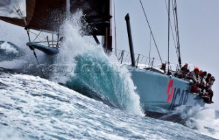 ICAP Leopard, Sail n: GBR1R, Class: IRC CK, Division: IRC, Owner: Mike Slade, Type: Farr 100  crossing the finish line in Plymouth.  Rolex Fastnet Race 2011.