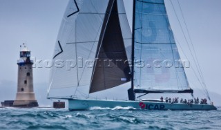 ICAP Leopard, Sail n: GBR1R, Class: IRC CK, Division: IRC, Owner: Mike Slade, Type: Farr 100  crossing the finish line in Plymouth.  Rolex Fastnet Race 2011.