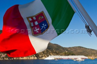 The passenger cruise ship Costa Concordia hit rocks and ran aground at 9.45pm on the Island of Giglio on January 13th 2012. The wrecked ship lays on a reef heeled on its side.