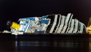 The passenger cruise ship Costa Concordia hit rocks and ran aground at 9.45pm on the Island of Giglio on January 13th 2012. The wrecked ship lays on a reef heeled on its side.