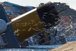 The passenger cruise ship Costa Concordia hit rocks and ran aground at 9.45pm on the Island of Giglio on January 13th 2012. The wrecked ship lays on a reef heeled on its side.