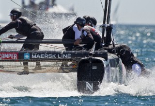 Cascais 06-08-2011  AMERICAS CUP WORLD SERIES CASCAIS  ETNZ bowman Winston MacFarlane pitched into the water when a winch handle broke as he was grinding in the gennaker at the second mark