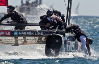 Cascais 06-08-2011  AMERICAS CUP WORLD SERIES CASCAIS  ETNZ bowman Winston MacFarlane pitched into the water when a winch handle broke as he was grinding in the gennaker at the second mark