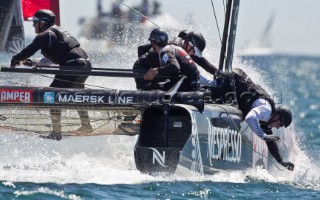 Cascais 06-08-2011  AMERICAS CUP WORLD SERIES CASCAIS  ETNZ bowman Winston MacFarlane pitched into the water when a winch handle broke as he was grinding in the gennaker at the second mark