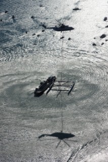 Russian helicopter lifts and transfers the multihull catamaran Alinghi 5 from Lake Geneva to Genoa on the Mediterranean