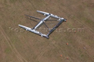 Russian helicopter lifts and transfers the multihull catamaran Alinghi 5 from Lake Geneva to Genoa on the Mediterranean