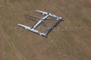 Russian helicopter lifts and transfers the multihull catamaran Alinghi 5 from Lake Geneva to Genoa on the Mediterranean