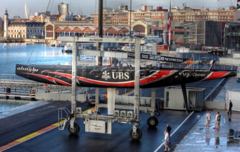 Alinghi on the hard in crane sling for maintenance and repair